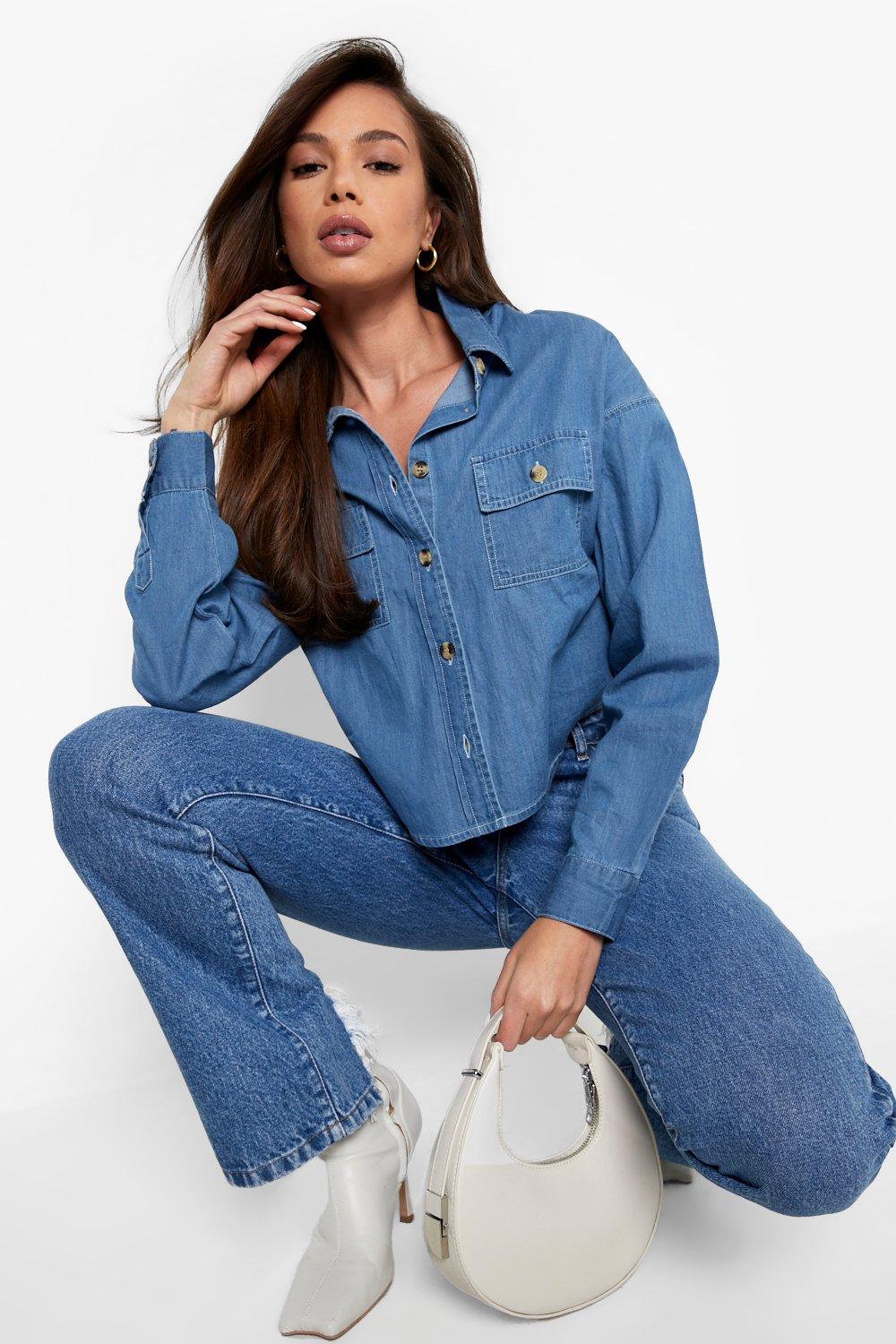 Cropped denim shirt store womens